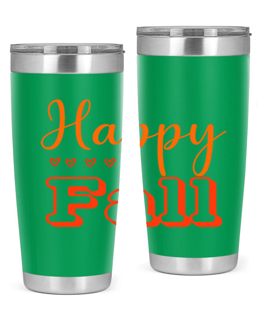 Happy Fall Design 222# tumbler in 20oz and 30oz sizes, showcasing a vibrant fall-themed print on double wall vacuum stainless steel.