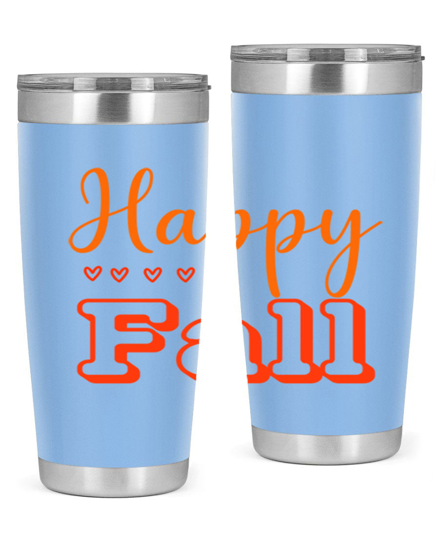 Happy Fall Design 222# tumbler in 20oz and 30oz sizes, showcasing a vibrant fall-themed print on double wall vacuum stainless steel.