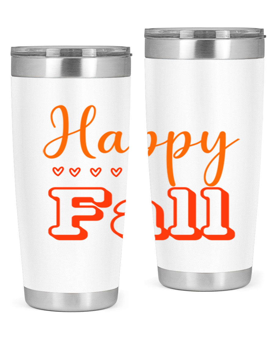 Happy Fall Design 222# tumbler in 20oz and 30oz sizes, showcasing a vibrant fall-themed print on double wall vacuum stainless steel.