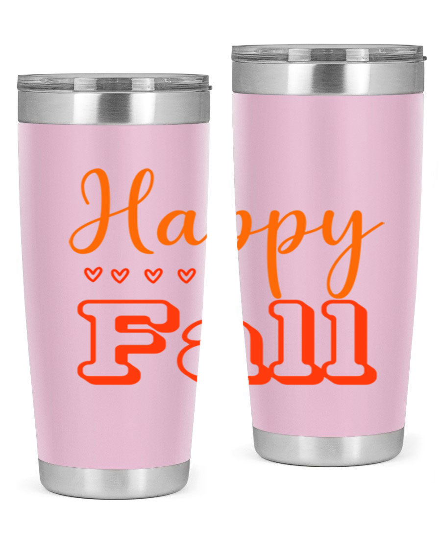 Happy Fall Design 222# tumbler in 20oz and 30oz sizes, showcasing a vibrant fall-themed print on double wall vacuum stainless steel.