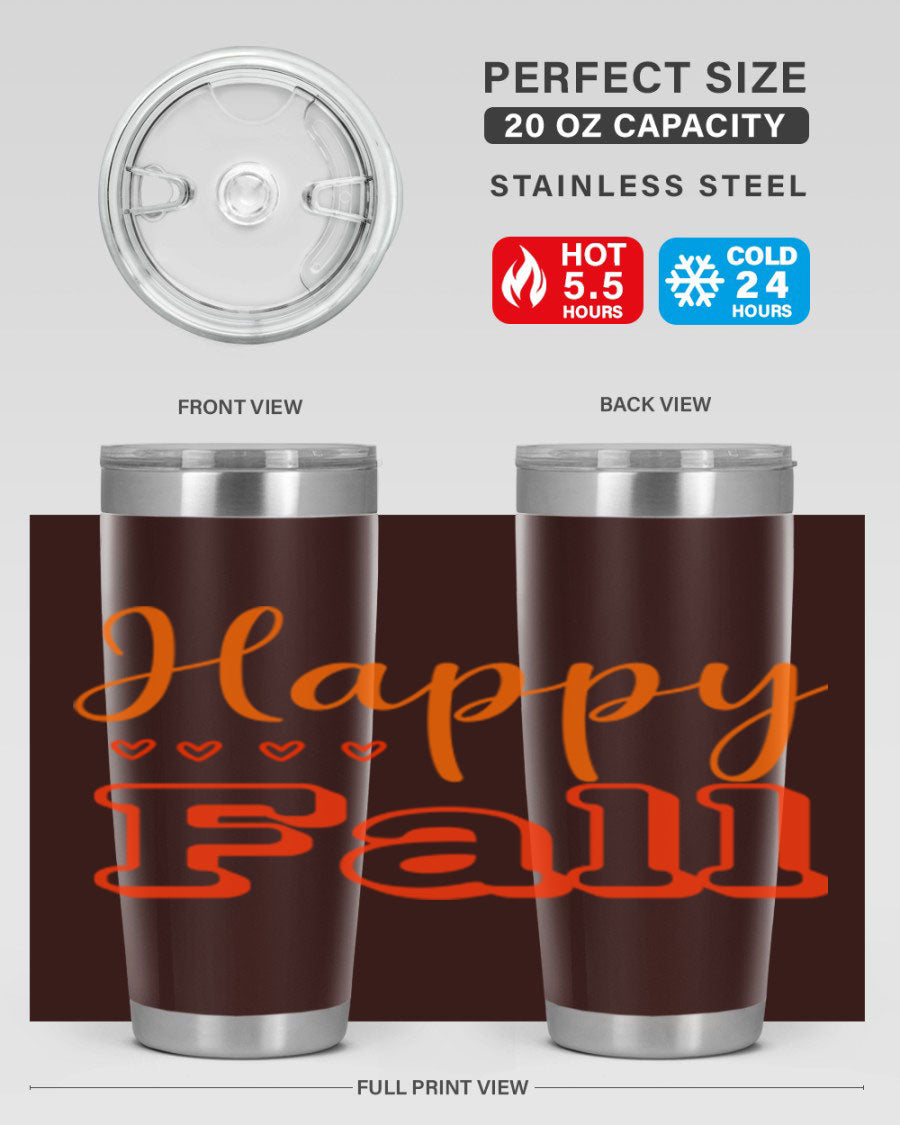 Happy Fall Design 222# tumbler in 20oz and 30oz sizes, showcasing a vibrant fall-themed print on double wall vacuum stainless steel.