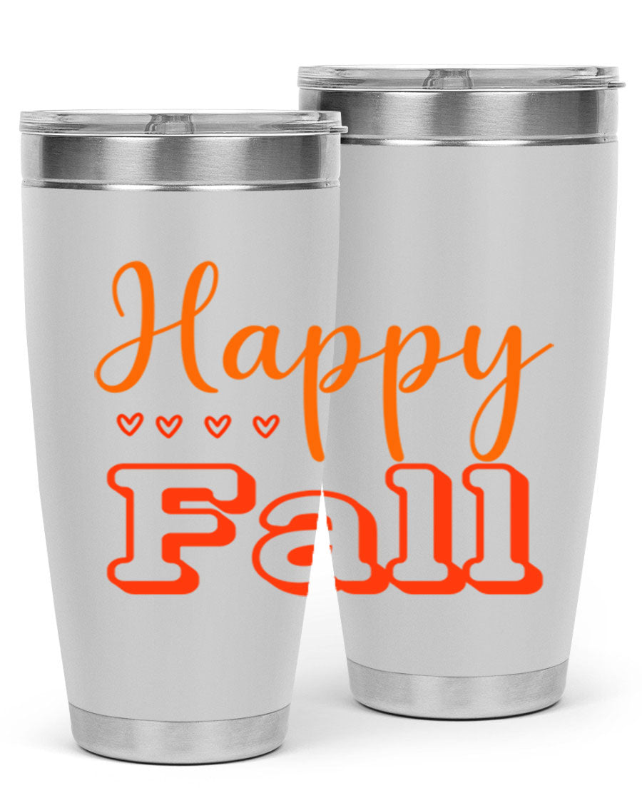 Happy Fall Design 222# tumbler in 20oz and 30oz sizes, showcasing a vibrant fall-themed print on double wall vacuum stainless steel.