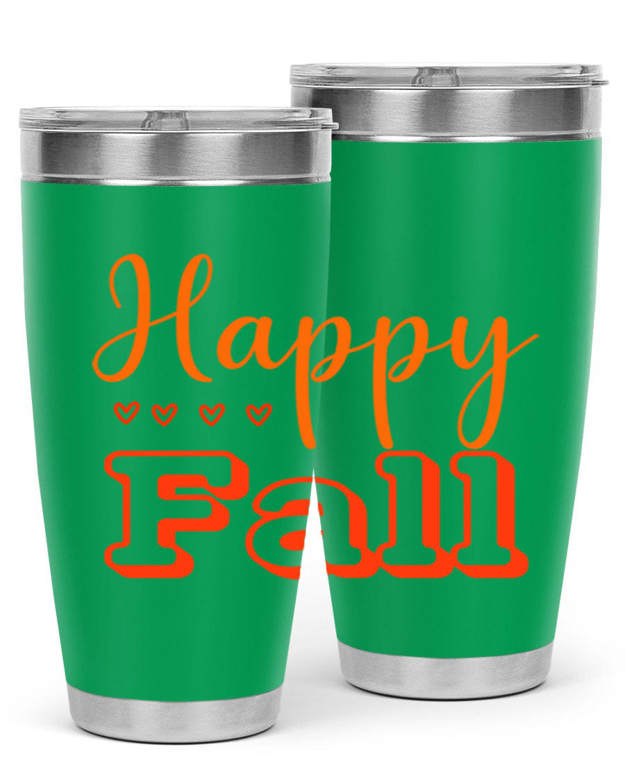 Happy Fall Design 222# tumbler in 20oz and 30oz sizes, showcasing a vibrant fall-themed print on double wall vacuum stainless steel.