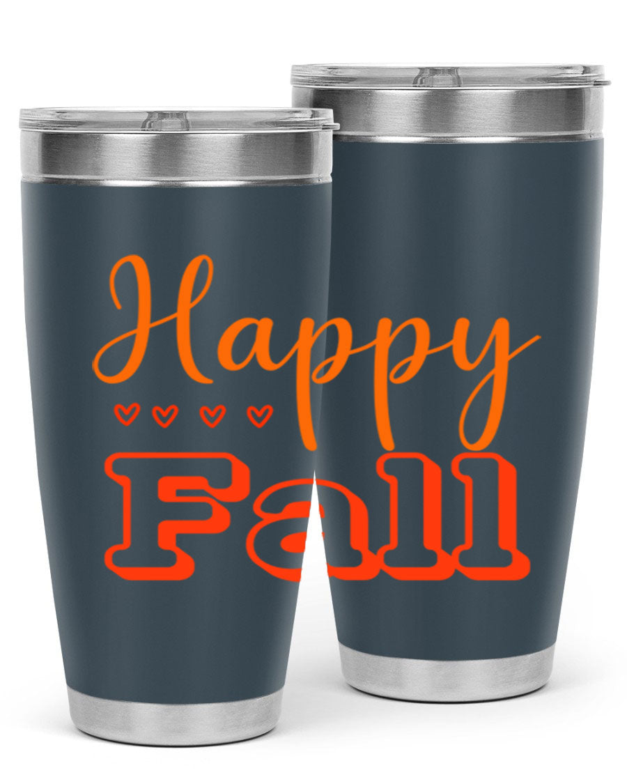 Happy Fall Design 222# tumbler in 20oz and 30oz sizes, showcasing a vibrant fall-themed print on double wall vacuum stainless steel.