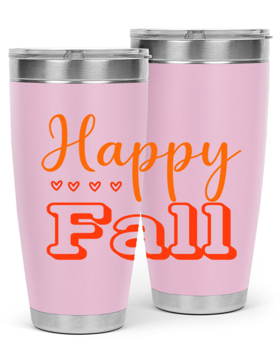 Happy Fall Design 222# tumbler in 20oz and 30oz sizes, showcasing a vibrant fall-themed print on double wall vacuum stainless steel.