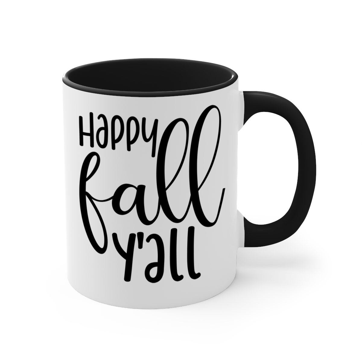 Happy Fall Y'all Mug featuring a glossy finish with a colored handle and interior, available in multiple colors and sizes.