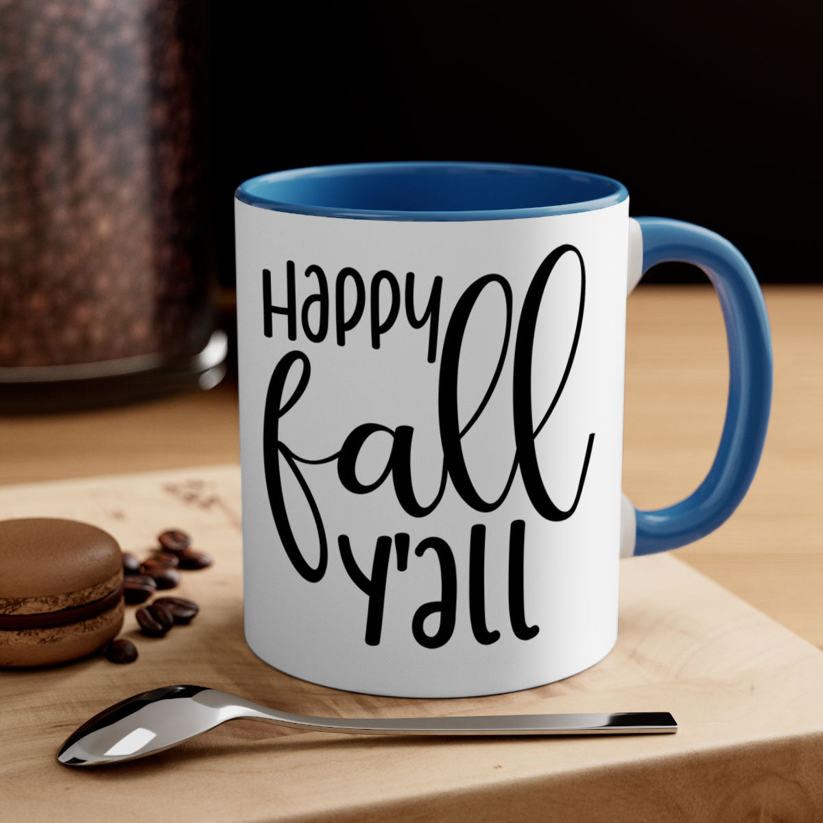 Happy Fall Y'all Mug featuring a glossy finish with a colored handle and interior, available in multiple colors and sizes.