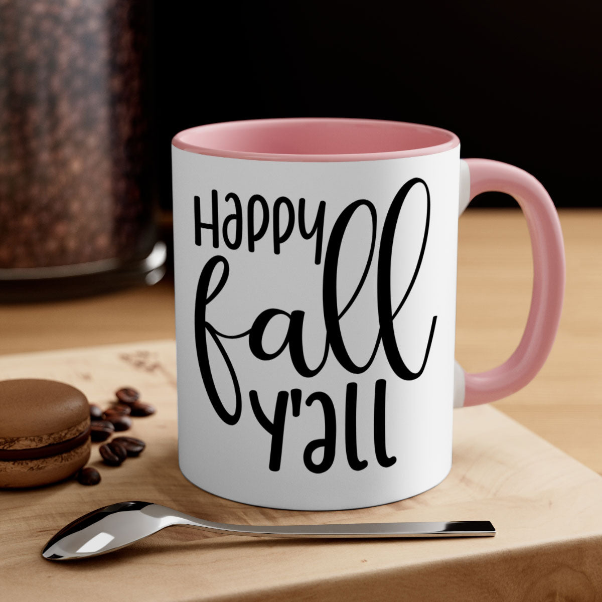 Happy Fall Y'all Mug featuring a glossy finish with a colored handle and interior, available in multiple colors and sizes.