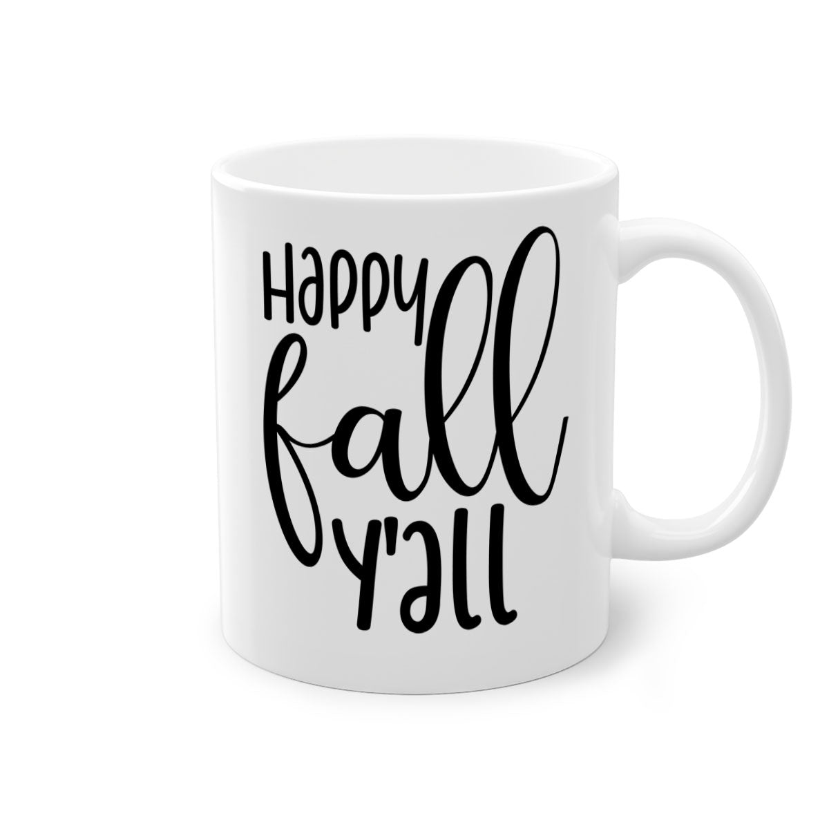 Happy Fall Y'all Mug featuring a glossy finish with a colored handle and interior, available in multiple colors and sizes.
