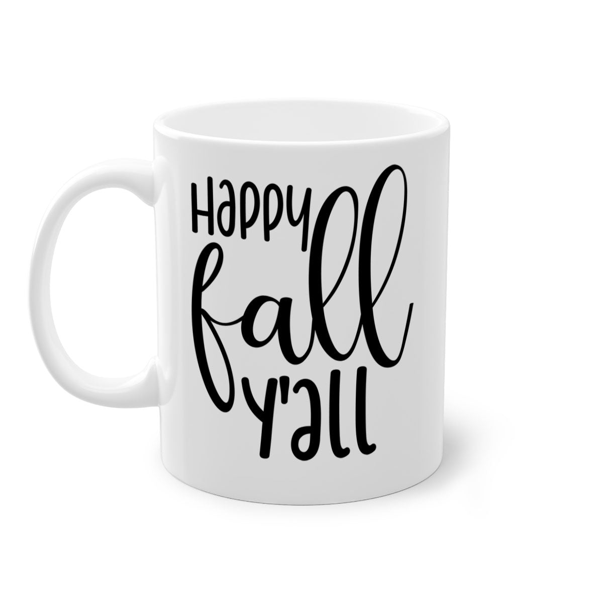 Happy Fall Y'all Mug featuring a glossy finish with a colored handle and interior, available in multiple colors and sizes.
