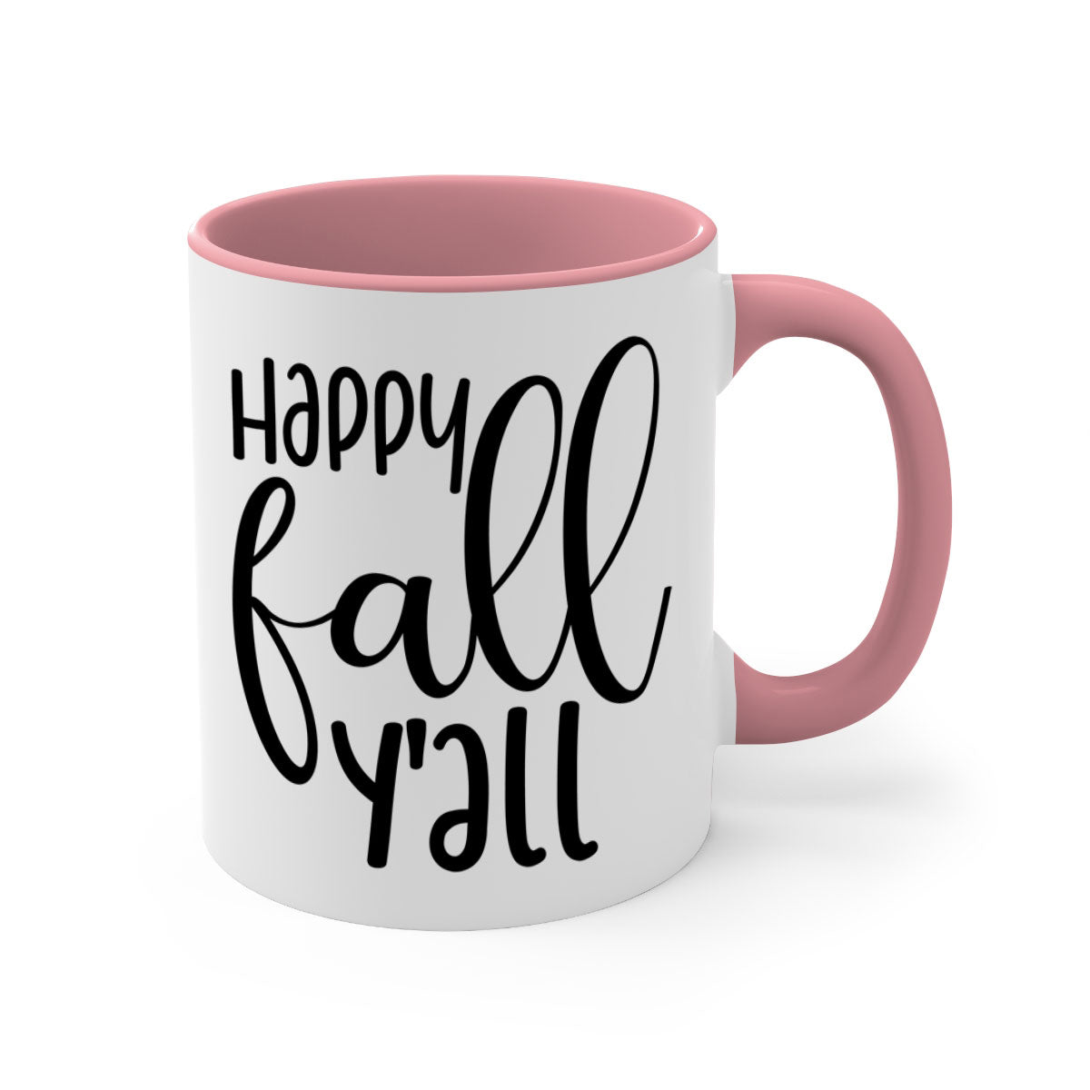 Happy Fall Y'all Mug featuring a glossy finish with a colored handle and interior, available in multiple colors and sizes.