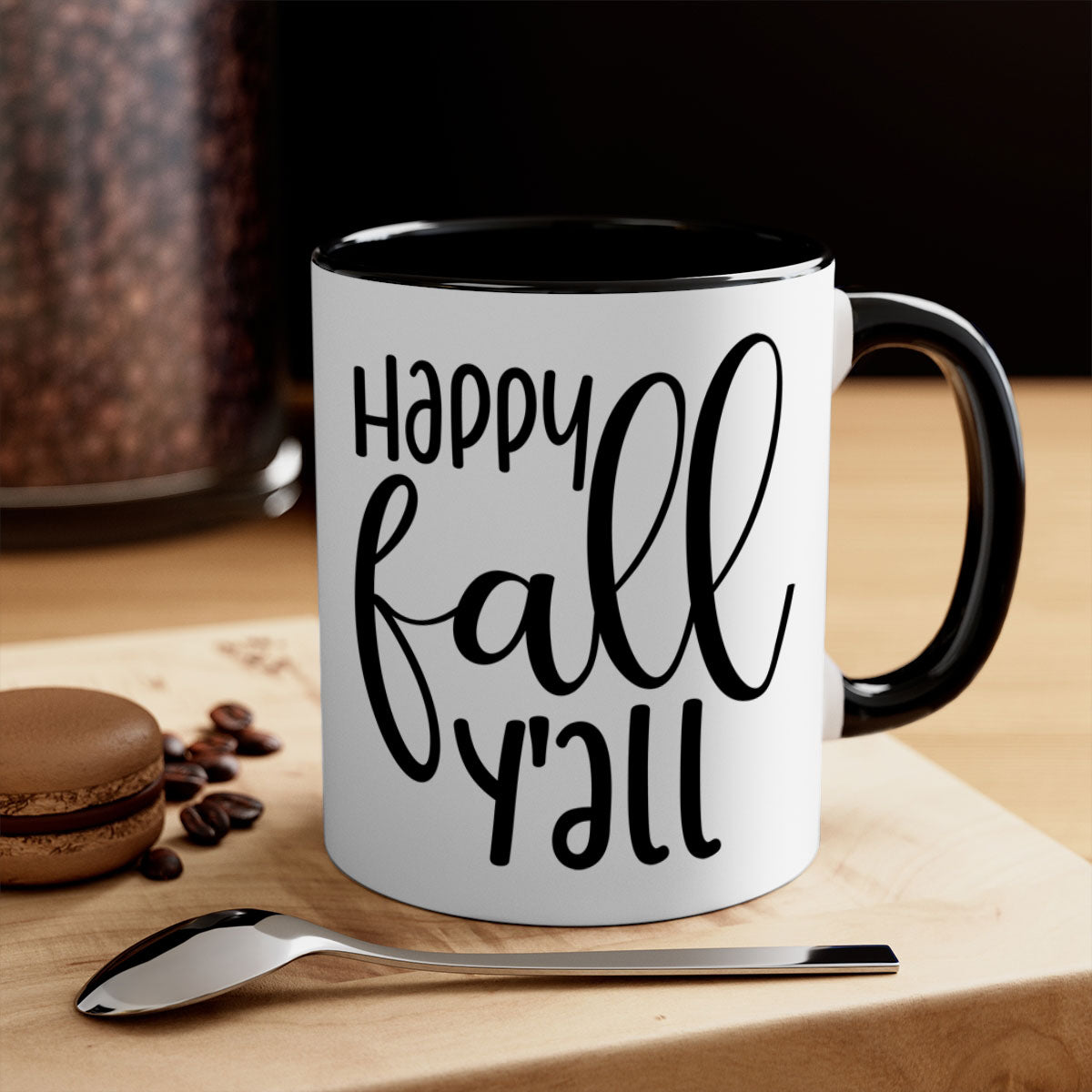 Happy Fall Y'all Mug featuring a glossy finish with a colored handle and interior, available in multiple colors and sizes.