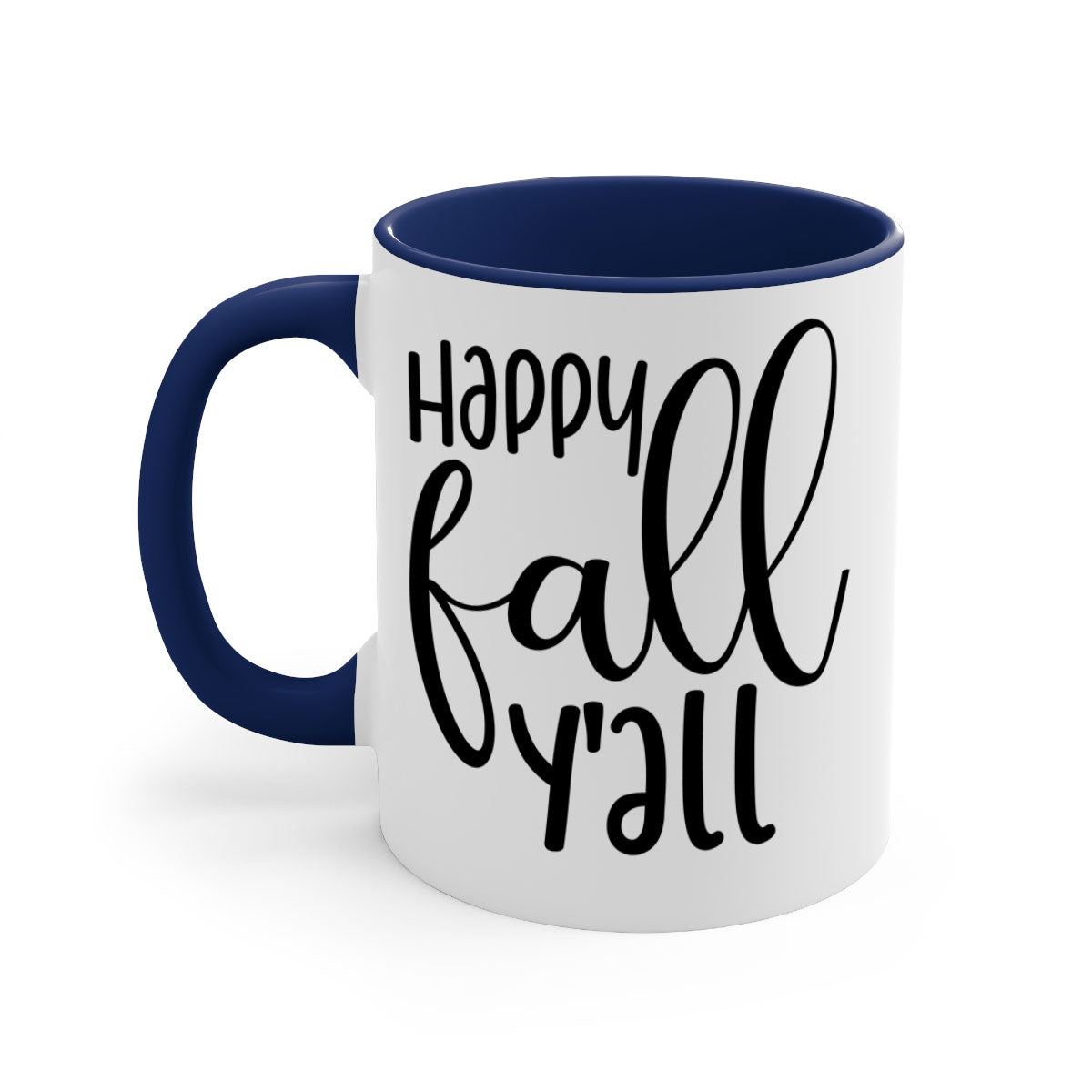 Happy Fall Y'all Mug featuring a glossy finish with a colored handle and interior, available in multiple colors and sizes.
