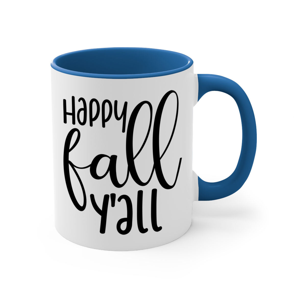 Happy Fall Y'all Mug featuring a glossy finish with a colored handle and interior, available in multiple colors and sizes.