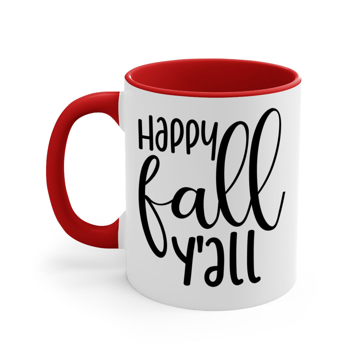 Happy Fall Y'all Mug featuring a glossy finish with a colored handle and interior, available in multiple colors and sizes.