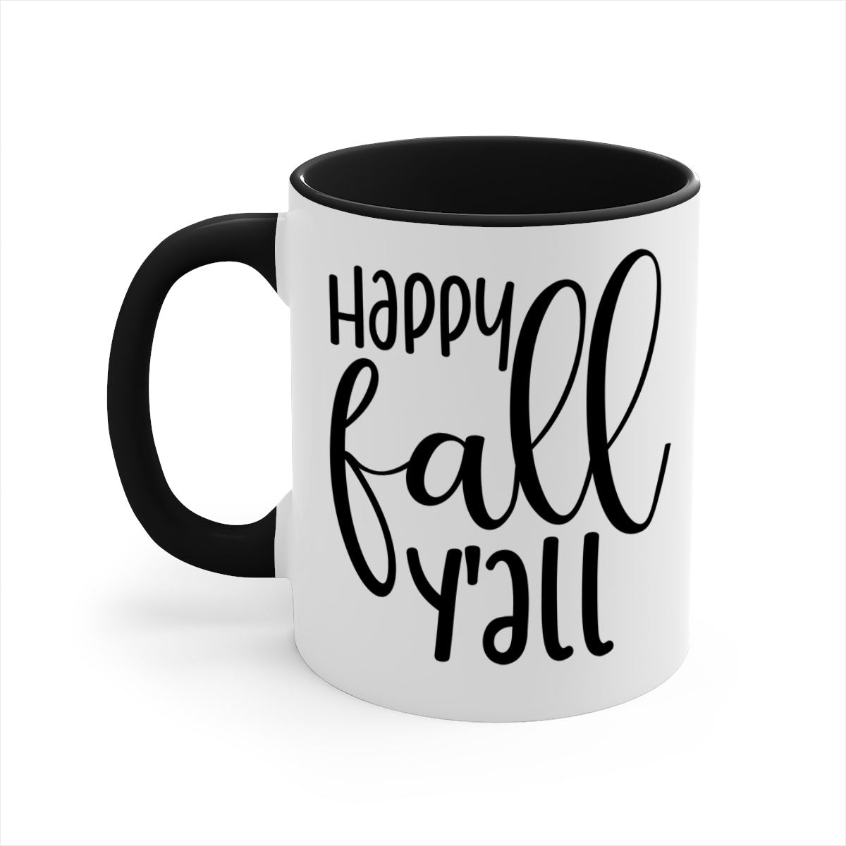 Happy Fall Y'all Mug featuring a glossy finish with a colored handle and interior, available in multiple colors and sizes.