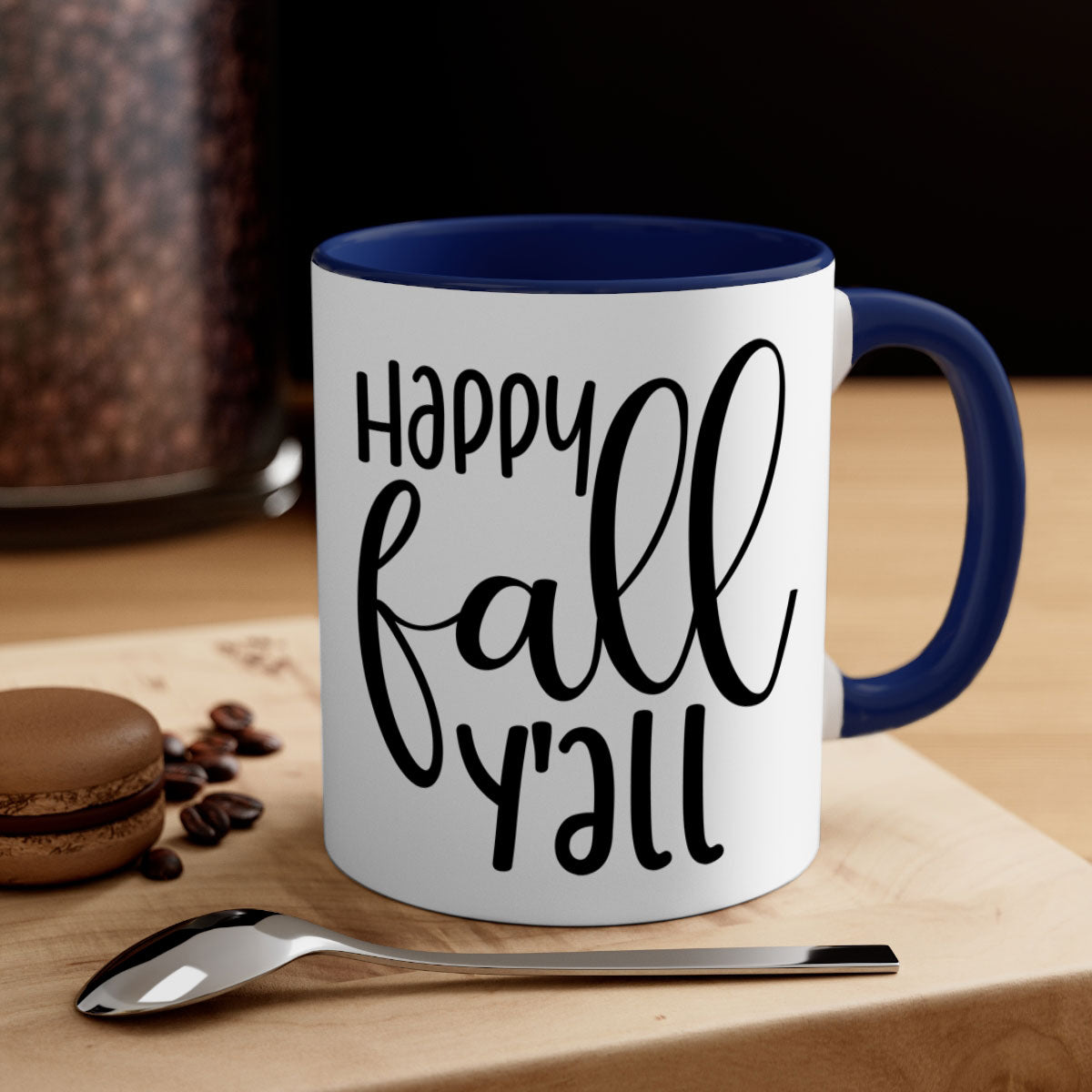 Happy Fall Y'all Mug featuring a glossy finish with a colored handle and interior, available in multiple colors and sizes.