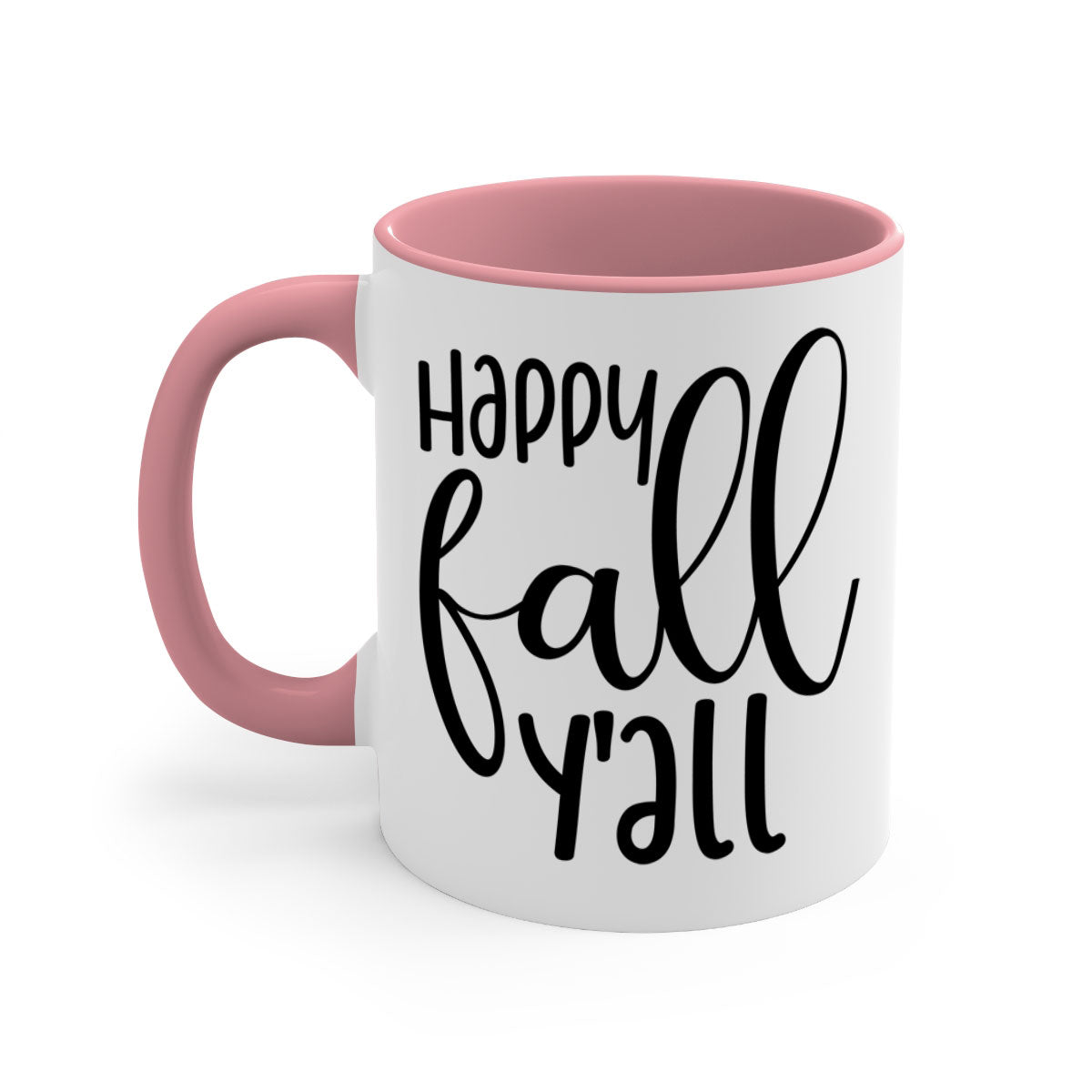 Happy Fall Y'all Mug featuring a glossy finish with a colored handle and interior, available in multiple colors and sizes.