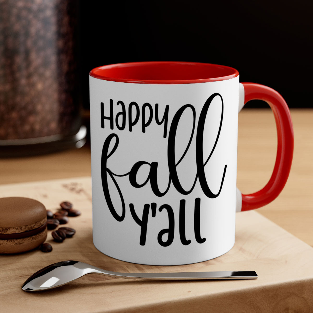 Happy Fall Y'all Mug featuring a glossy finish with a colored handle and interior, available in multiple colors and sizes.