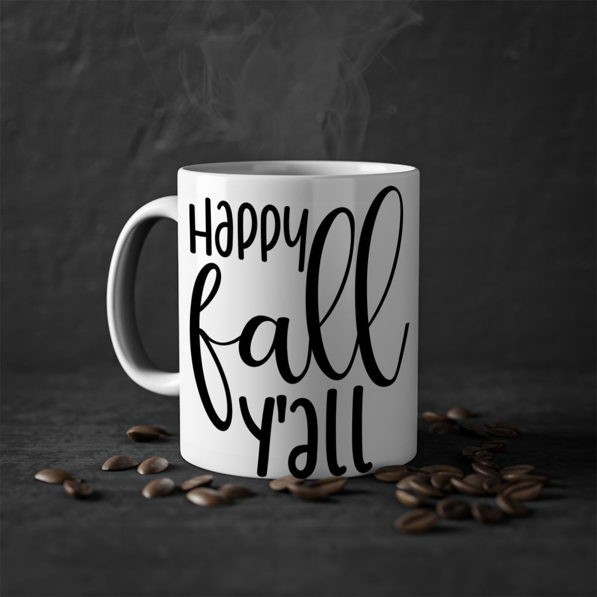 Happy Fall Y'all Mug featuring a glossy finish with a colored handle and interior, available in multiple colors and sizes.