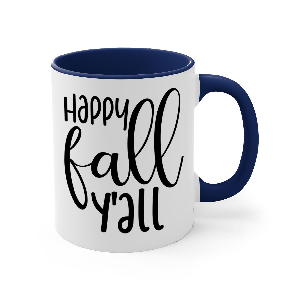 Happy Fall Y'all Mug featuring a glossy finish with a colored handle and interior, available in multiple colors and sizes.