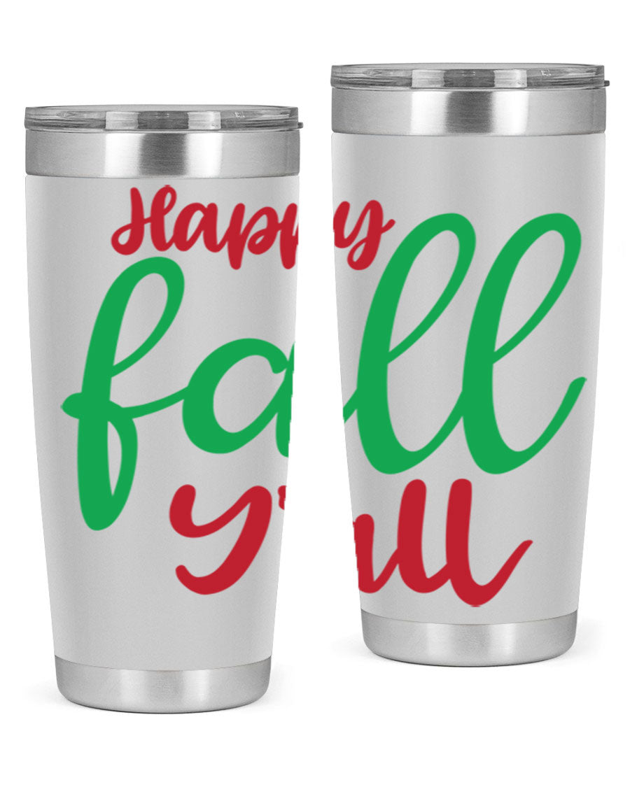Happy Fall Y'all 20oz tumbler featuring a festive fall design, made from stainless steel with a copper lining.