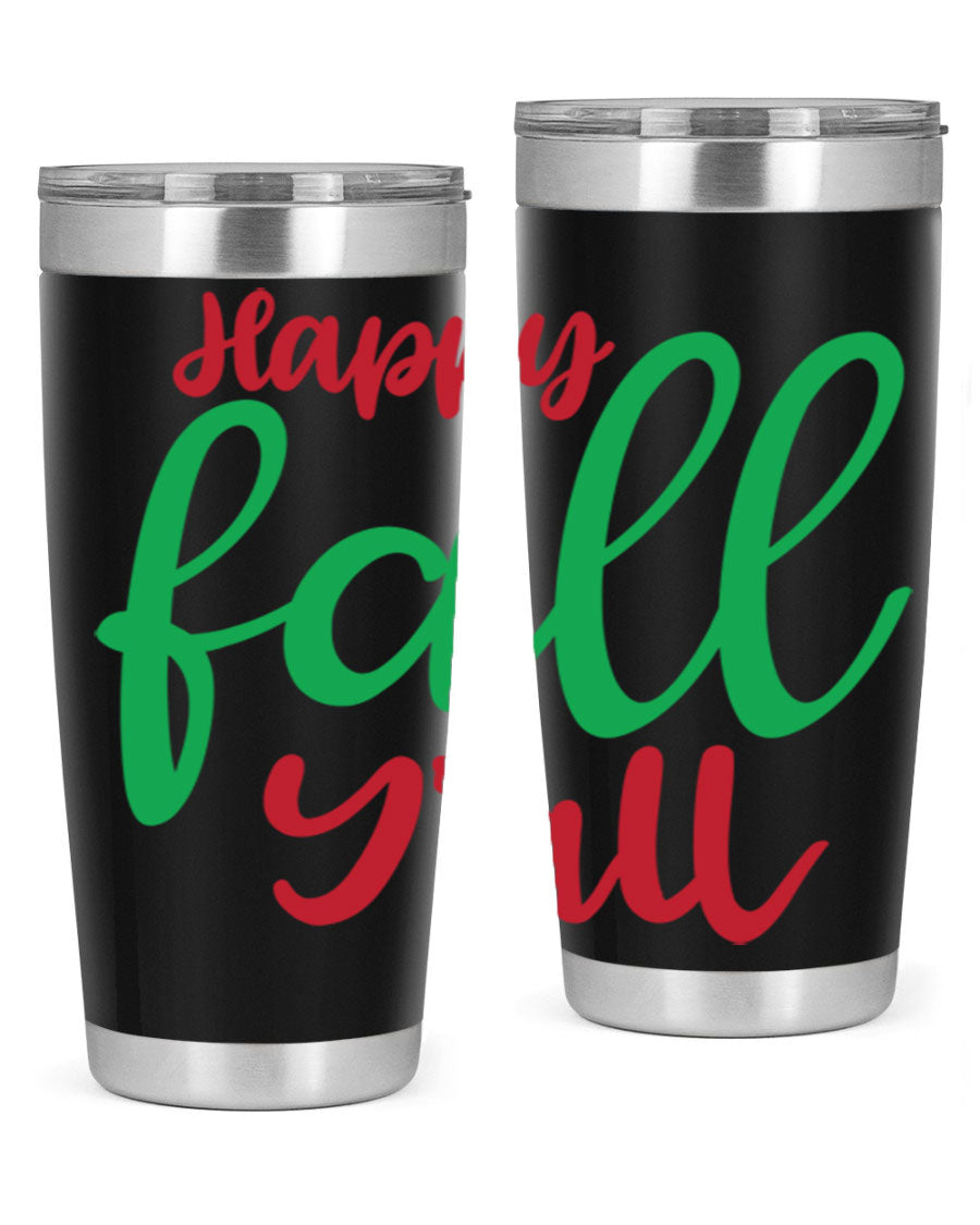 Happy Fall Y'all 20oz tumbler featuring a festive fall design, made from stainless steel with a copper lining.