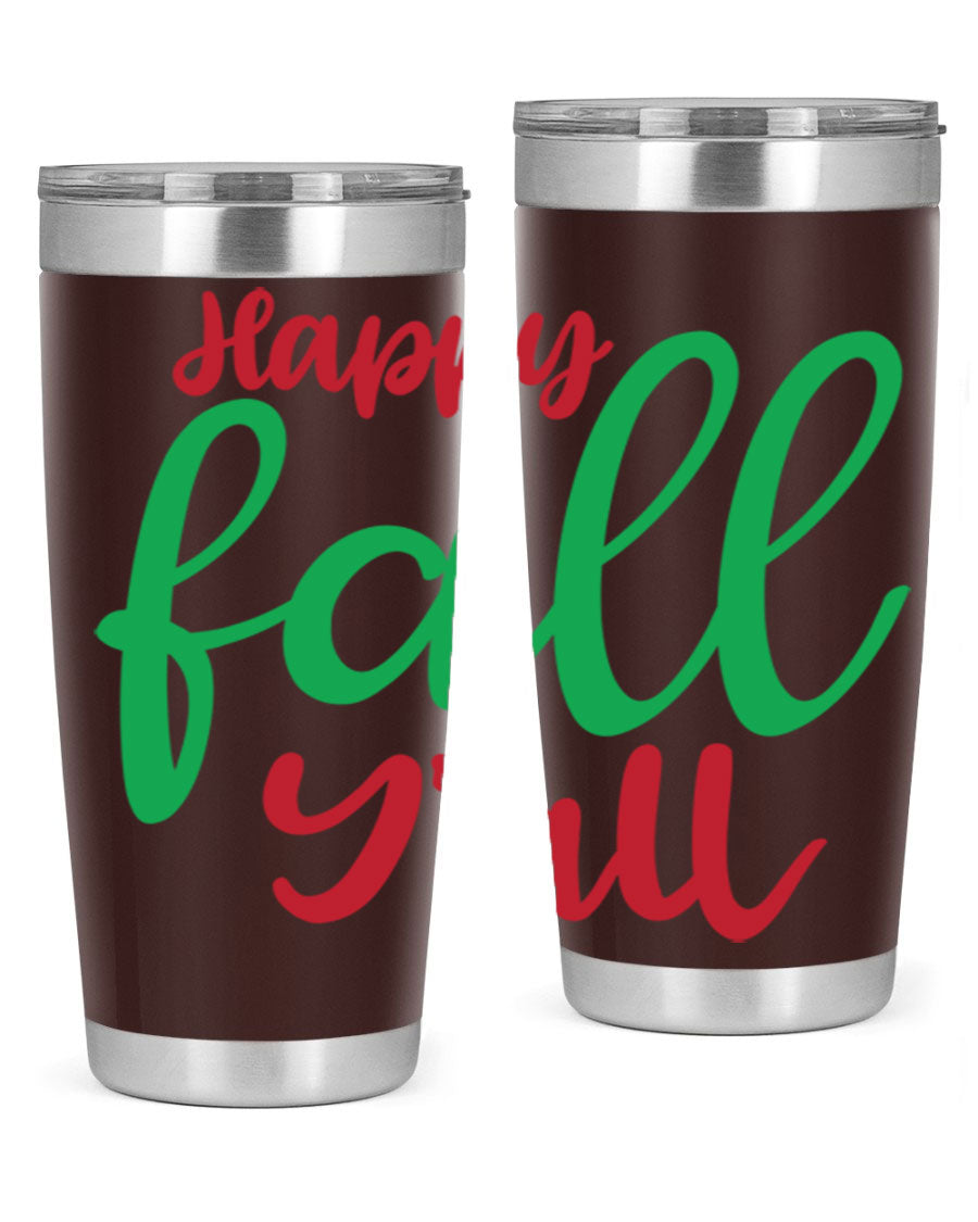 Happy Fall Y'all 20oz tumbler featuring a festive fall design, made from stainless steel with a copper lining.