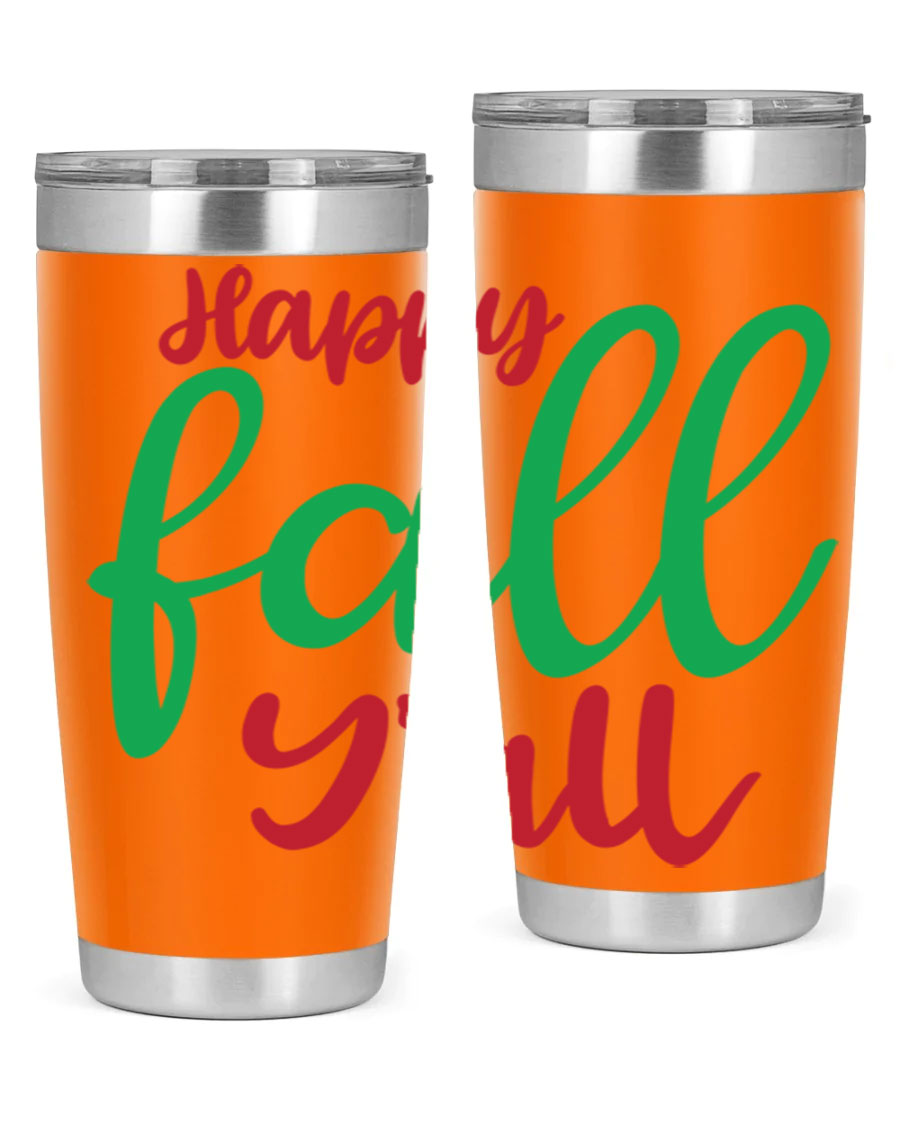 Happy Fall Y'all 20oz tumbler featuring a festive fall design, made from stainless steel with a copper lining.