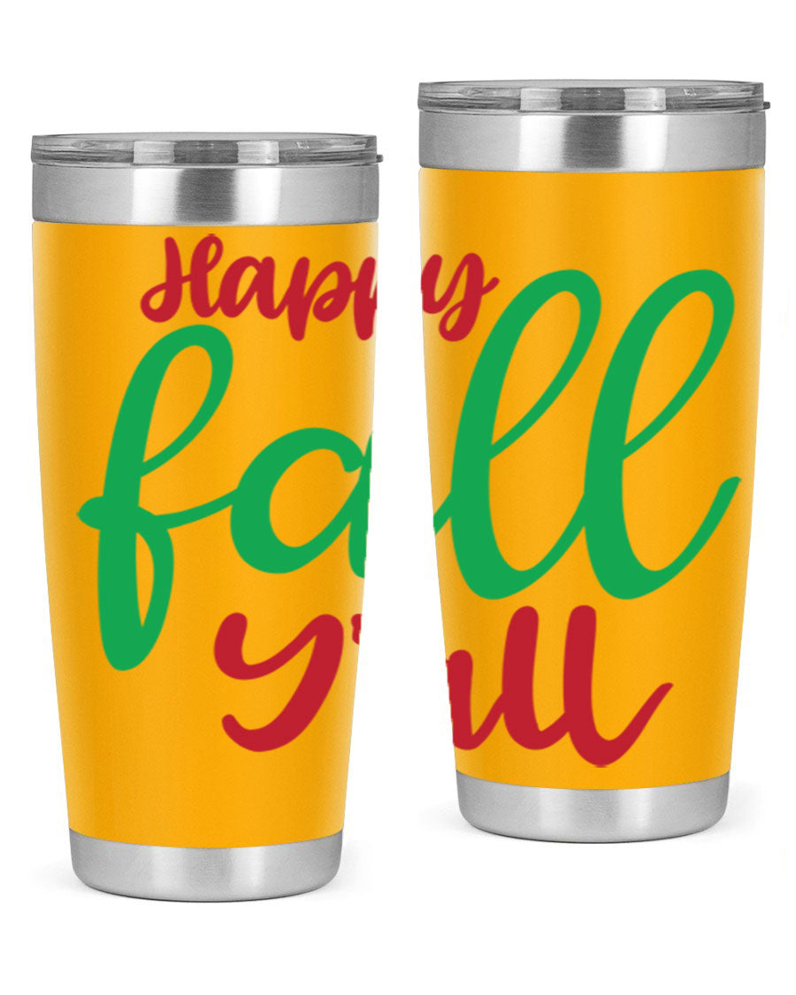 Happy Fall Y'all 20oz tumbler featuring a festive fall design, made from stainless steel with a copper lining.