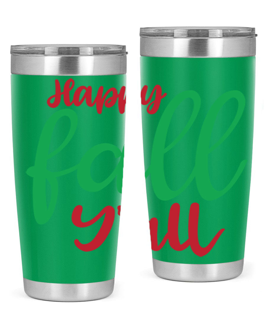 Happy Fall Y'all 20oz tumbler featuring a festive fall design, made from stainless steel with a copper lining.
