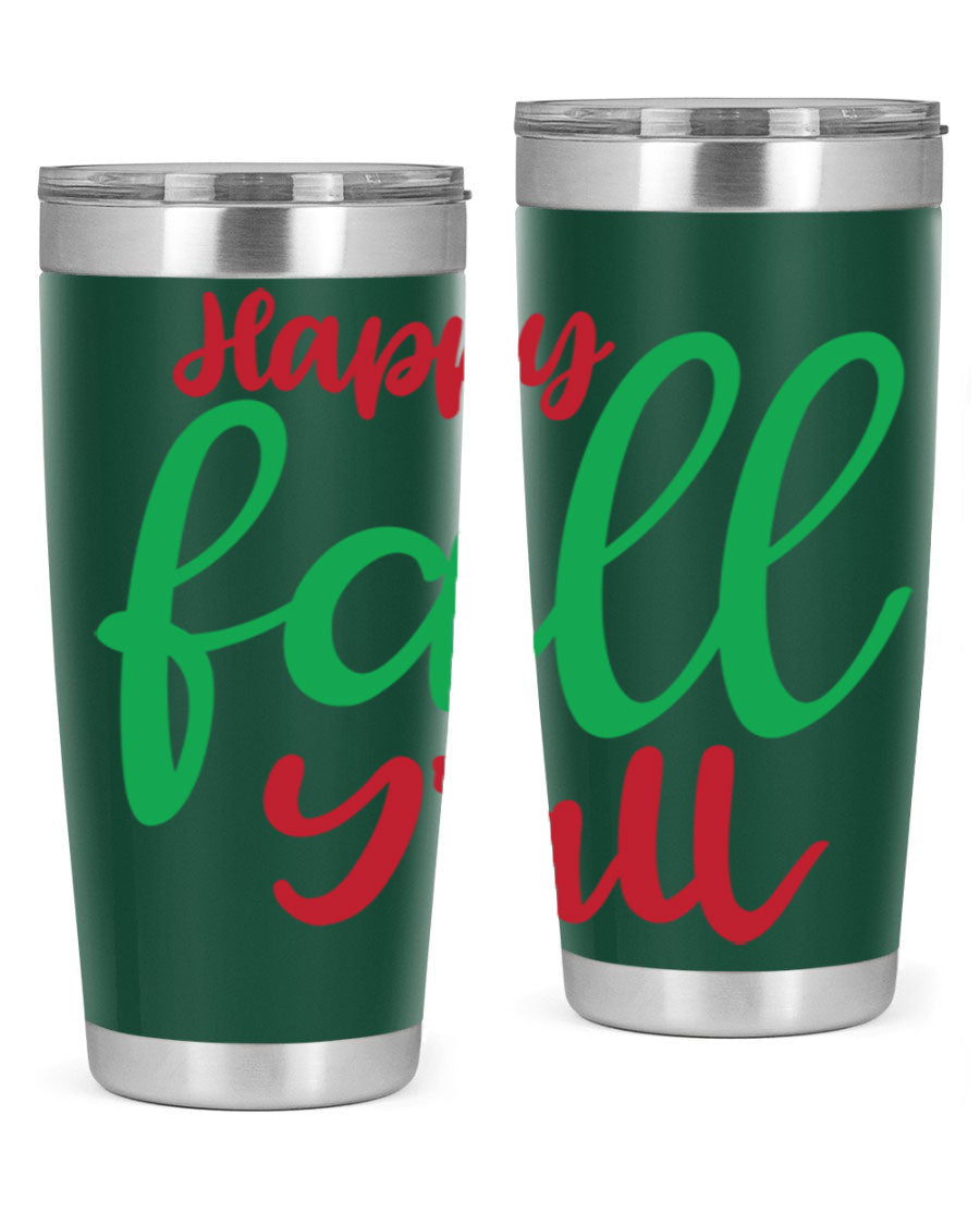 Happy Fall Y'all 20oz tumbler featuring a festive fall design, made from stainless steel with a copper lining.