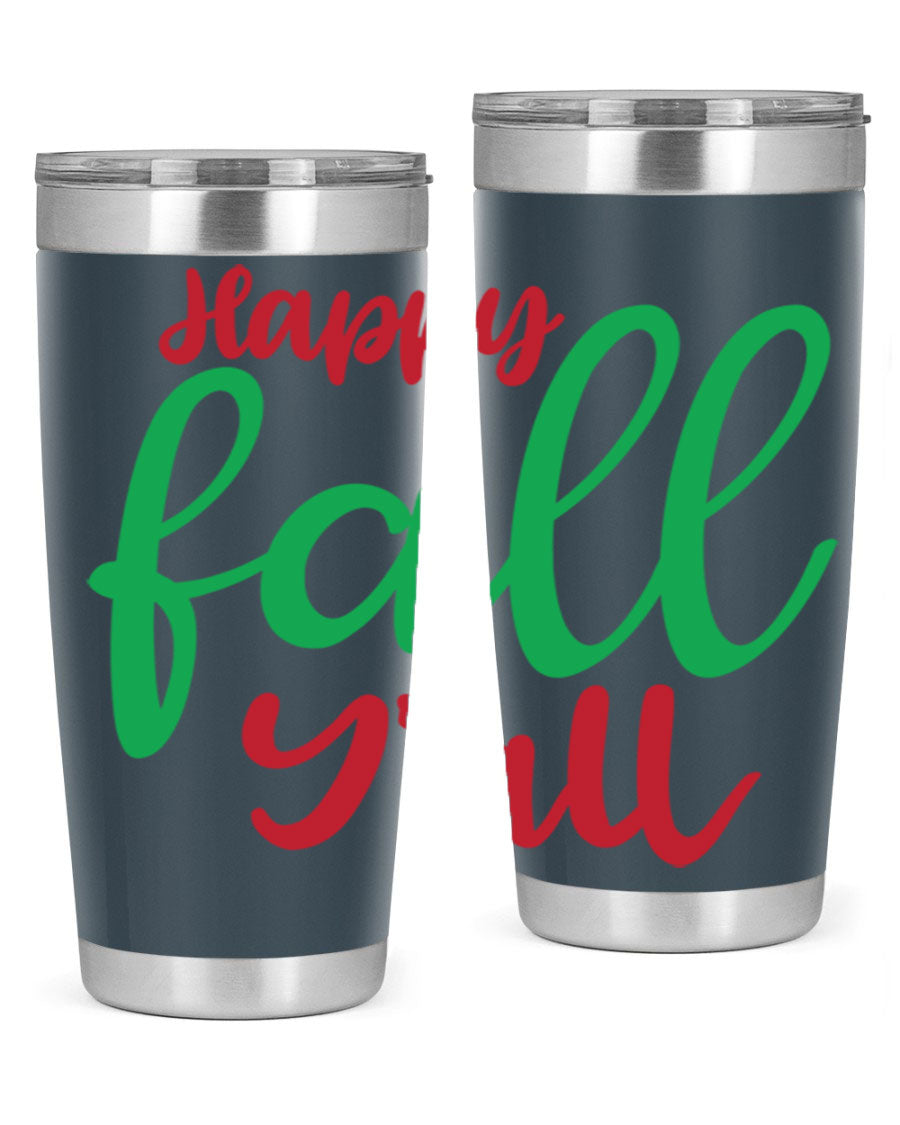 Happy Fall Y'all 20oz tumbler featuring a festive fall design, made from stainless steel with a copper lining.