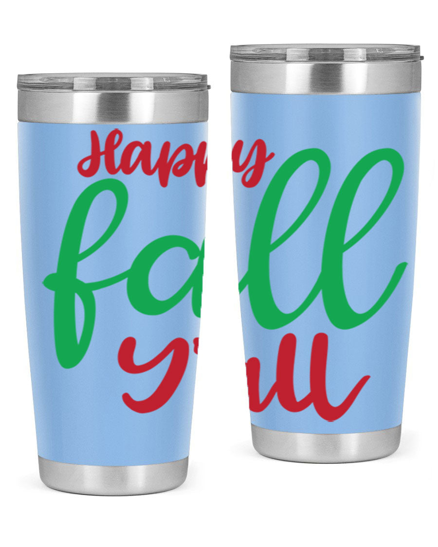 Happy Fall Y'all 20oz tumbler featuring a festive fall design, made from stainless steel with a copper lining.