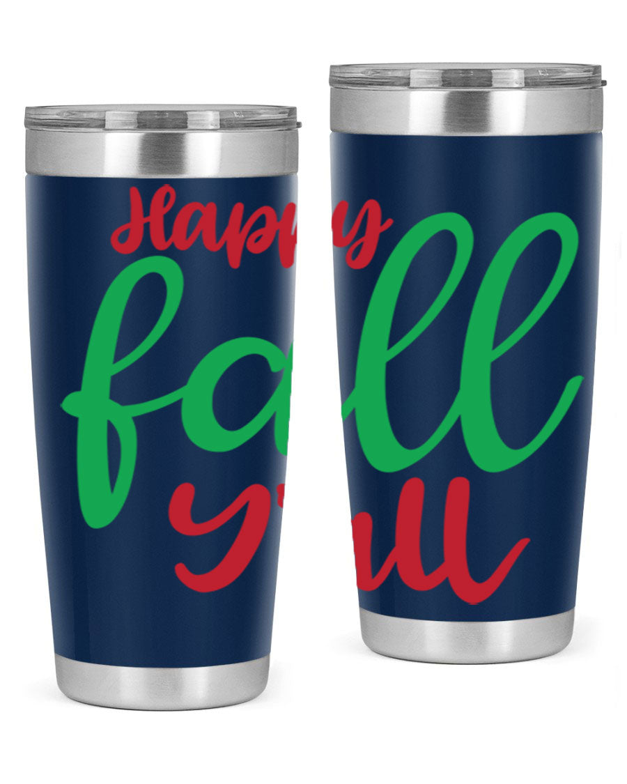 Happy Fall Y'all 20oz tumbler featuring a festive fall design, made from stainless steel with a copper lining.