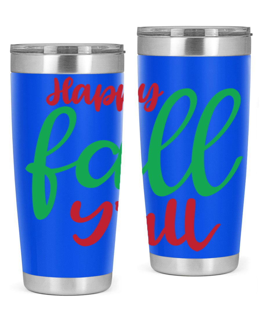 Happy Fall Y'all 20oz tumbler featuring a festive fall design, made from stainless steel with a copper lining.