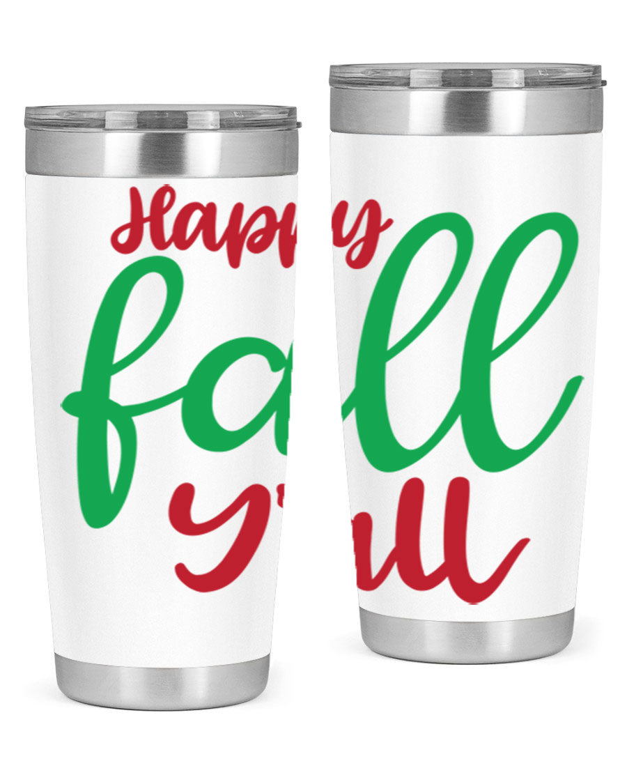 Happy Fall Y'all 20oz tumbler featuring a festive fall design, made from stainless steel with a copper lining.