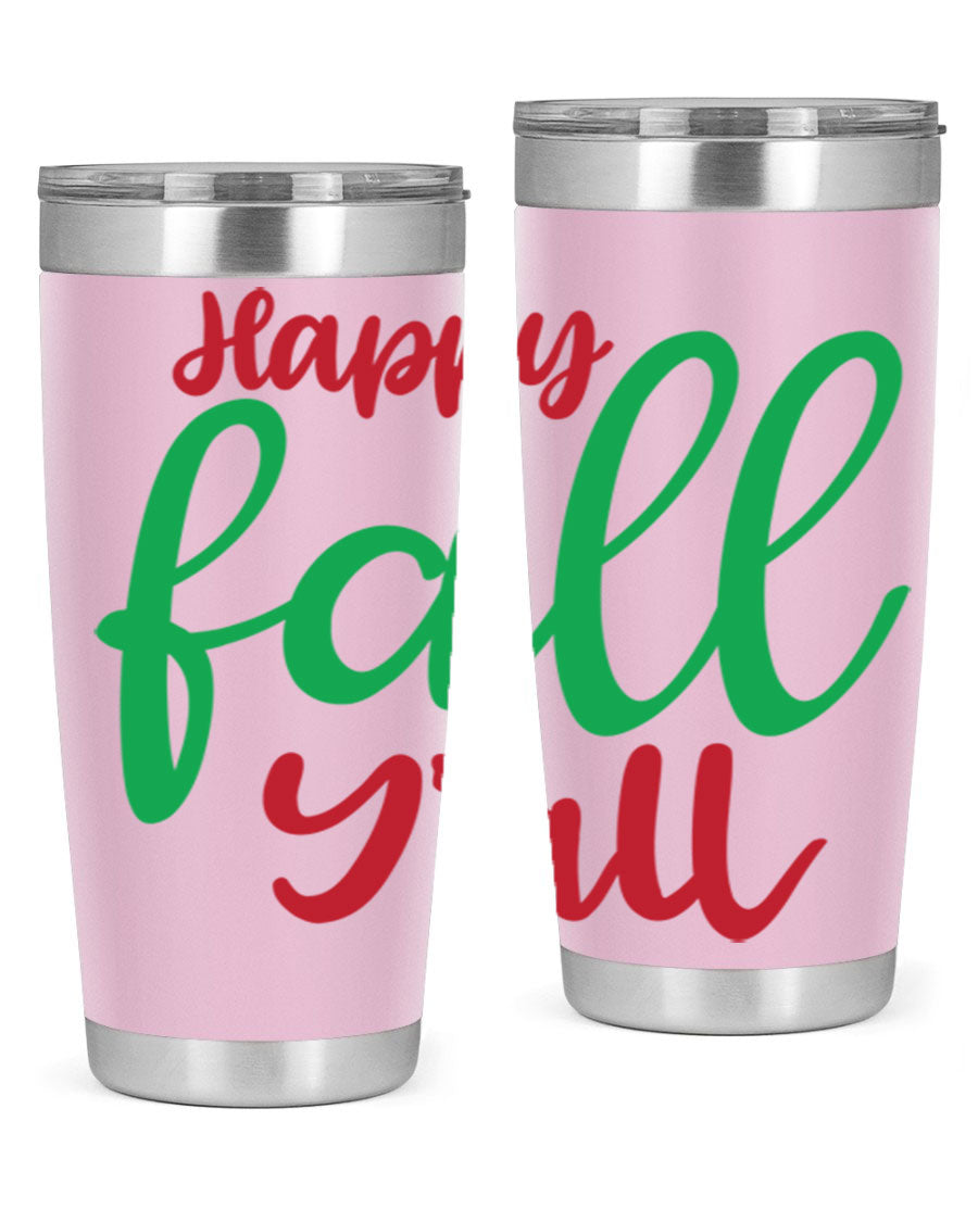 Happy Fall Y'all 20oz tumbler featuring a festive fall design, made from stainless steel with a copper lining.