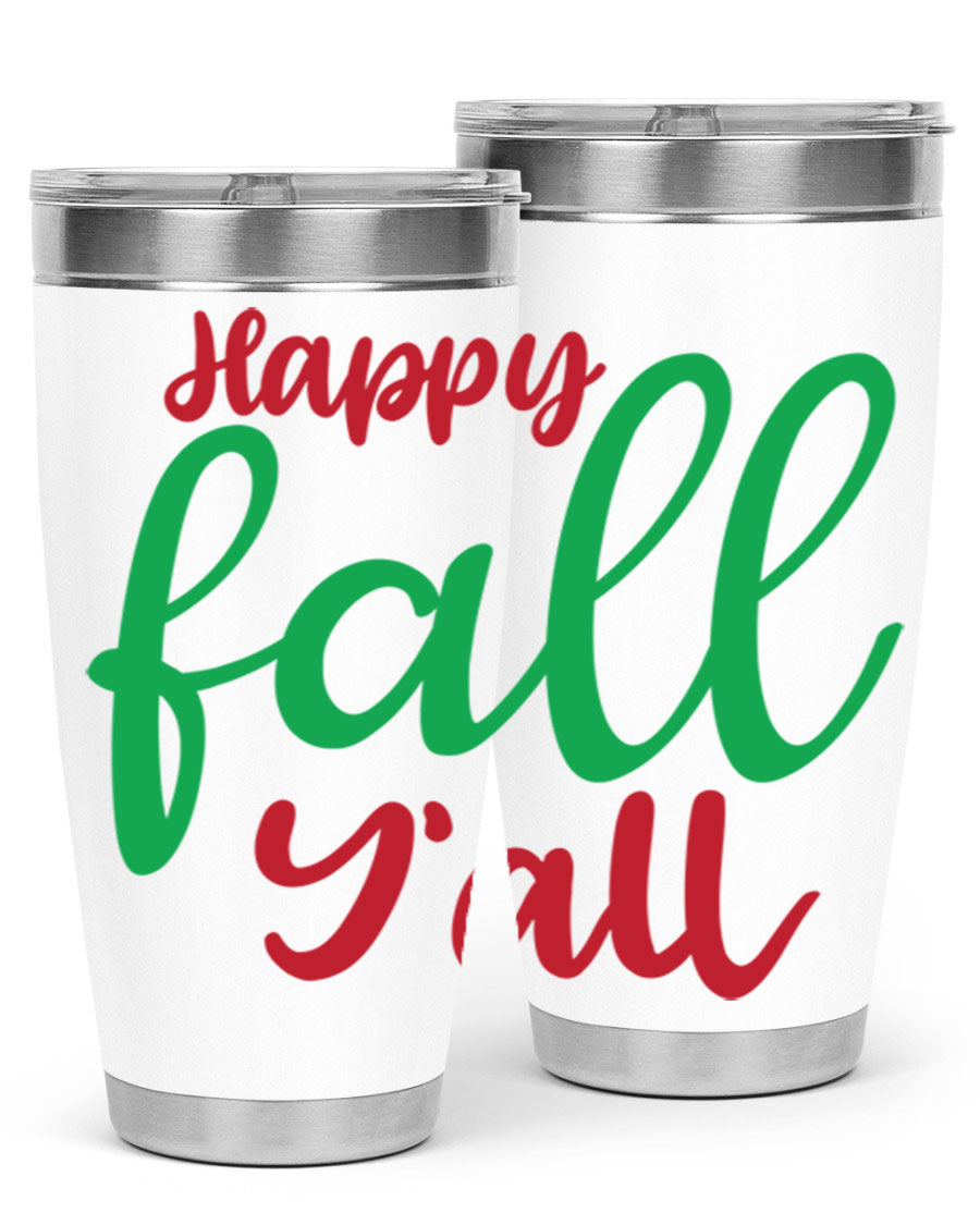 Happy Fall Y'all 20oz tumbler featuring a festive fall design, made from stainless steel with a copper lining.