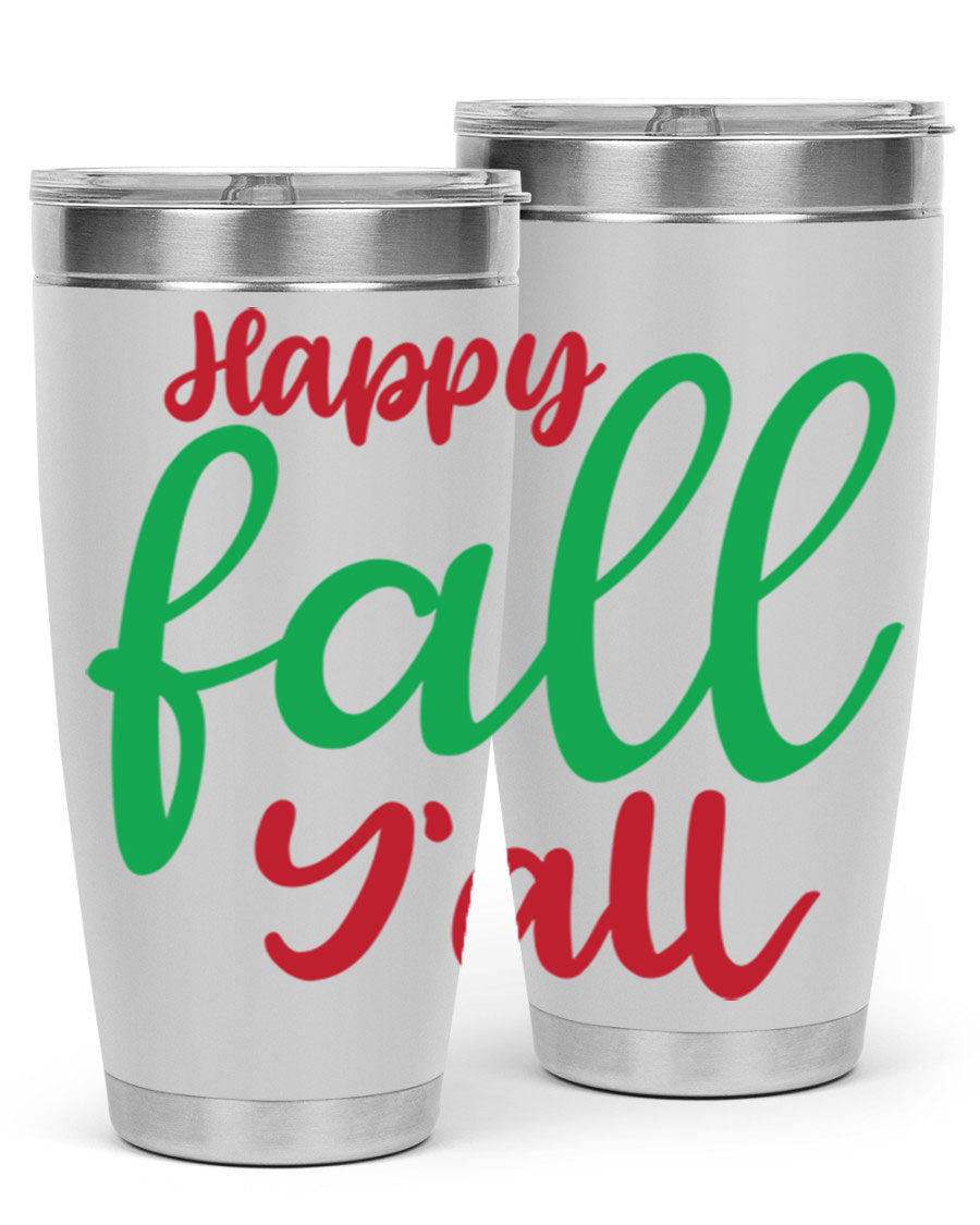 Happy Fall Y'all 20oz tumbler featuring a festive fall design, made from stainless steel with a copper lining.