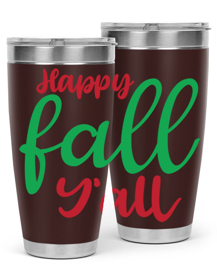 Happy Fall Y'all 20oz tumbler featuring a festive fall design, made from stainless steel with a copper lining.