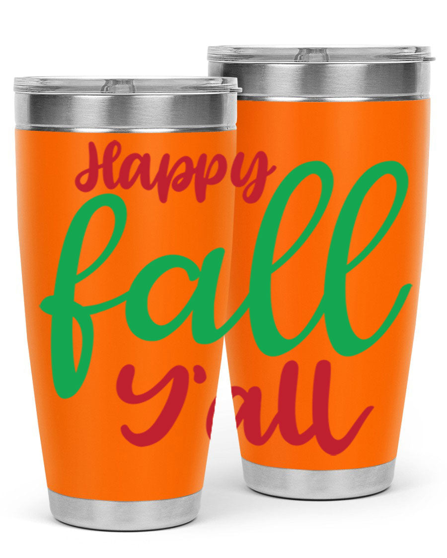 Happy Fall Y'all 20oz tumbler featuring a festive fall design, made from stainless steel with a copper lining.