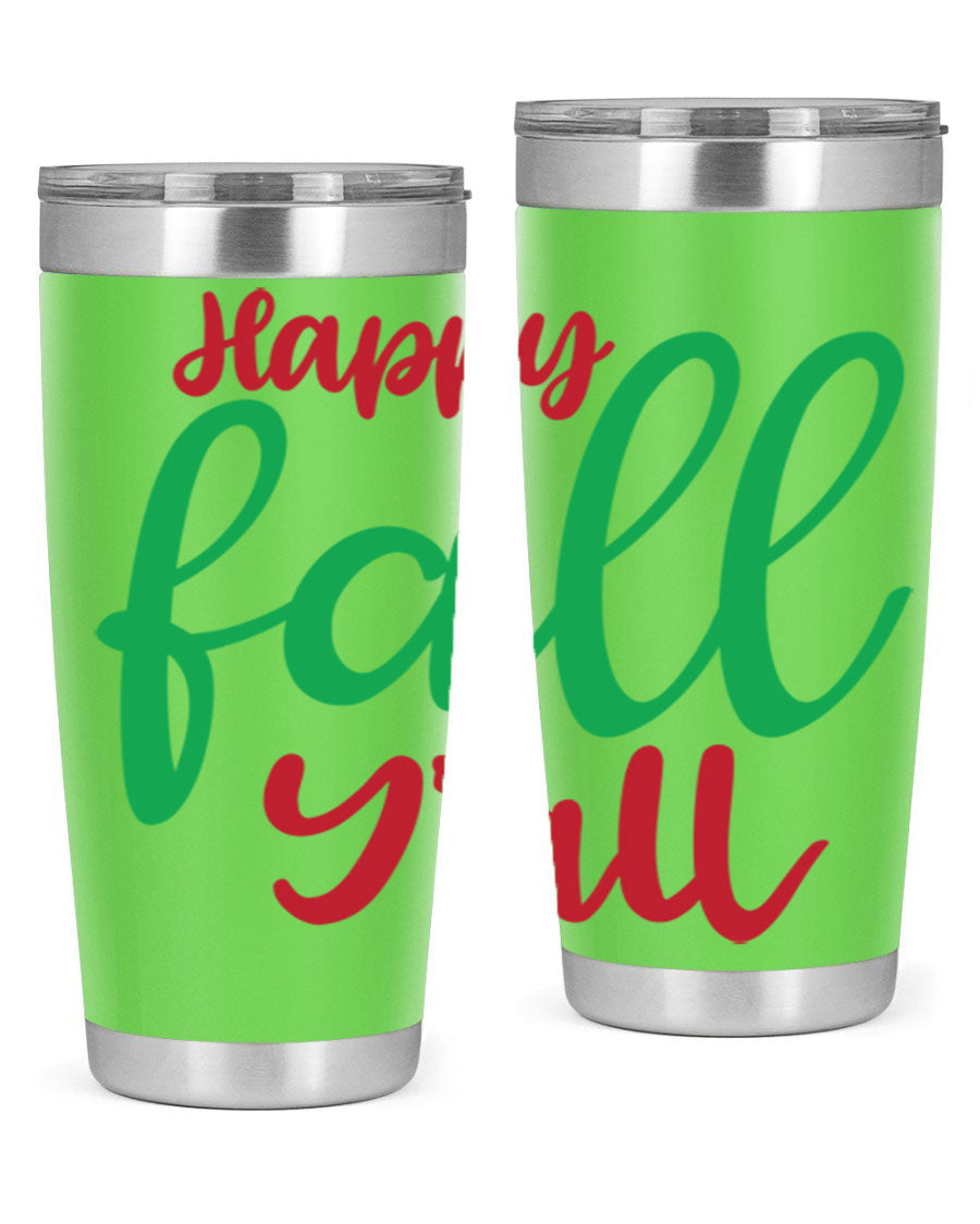 Happy Fall Y'all 20oz tumbler featuring a festive fall design, made from stainless steel with a copper lining.