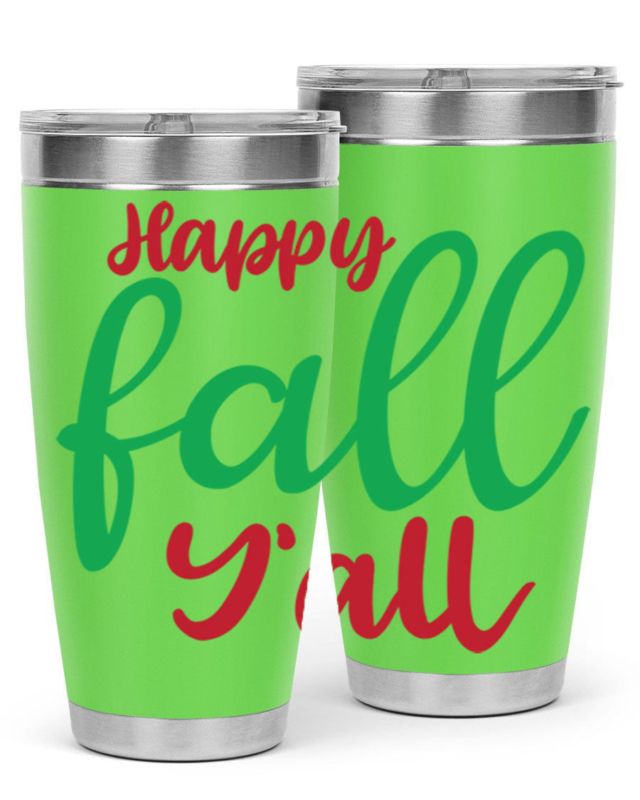 Happy Fall Y'all 20oz tumbler featuring a festive fall design, made from stainless steel with a copper lining.