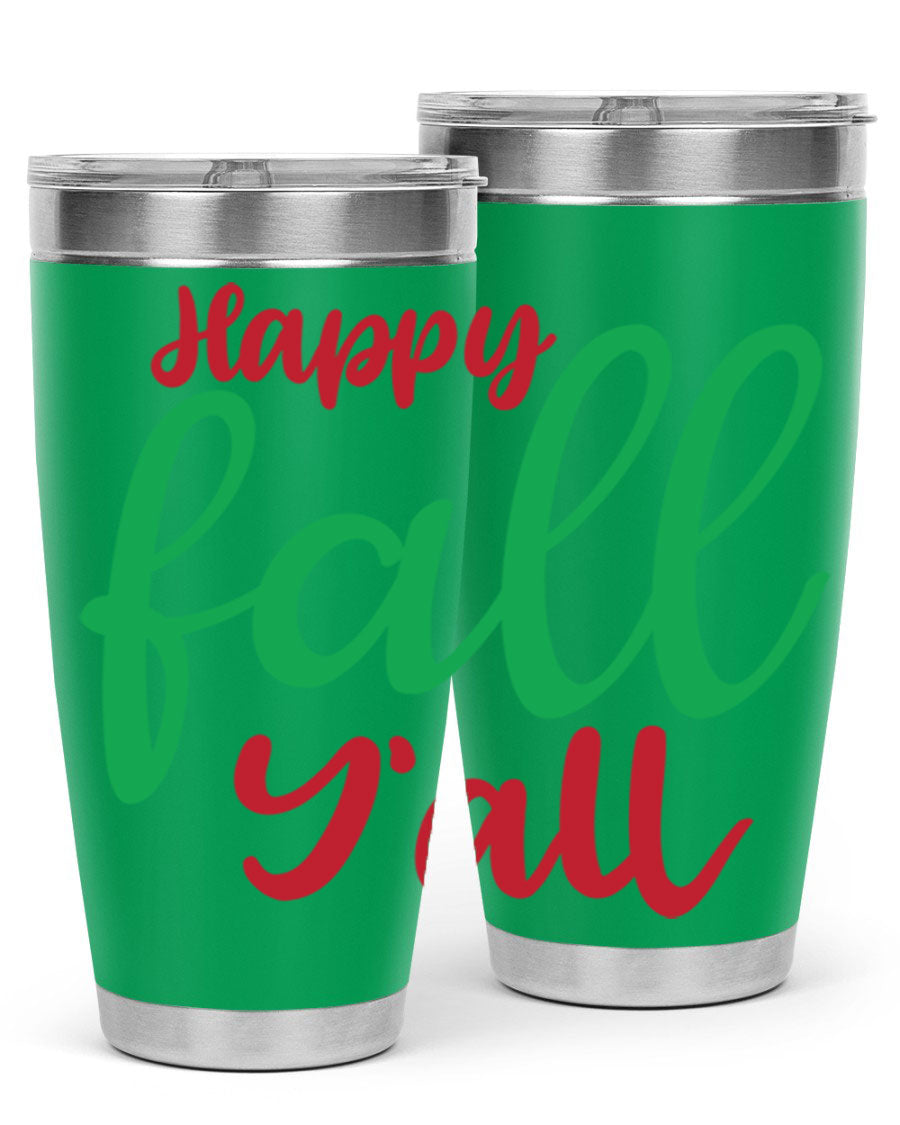 Happy Fall Y'all 20oz tumbler featuring a festive fall design, made from stainless steel with a copper lining.