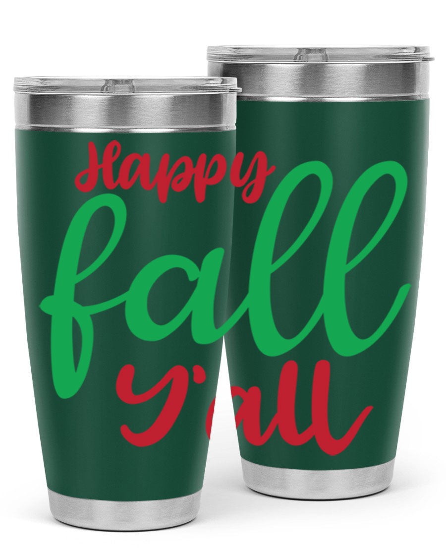 Happy Fall Y'all 20oz tumbler featuring a festive fall design, made from stainless steel with a copper lining.