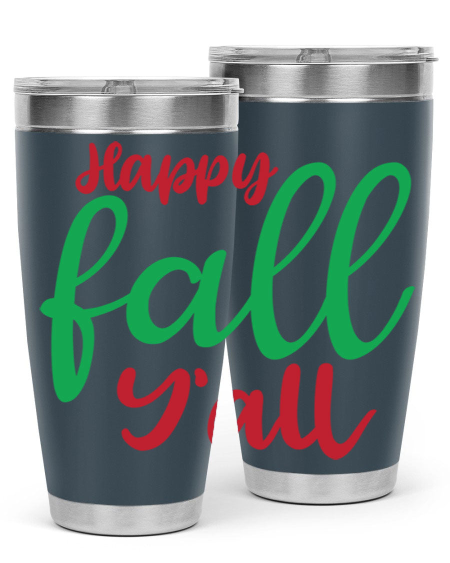 Happy Fall Y'all 20oz tumbler featuring a festive fall design, made from stainless steel with a copper lining.