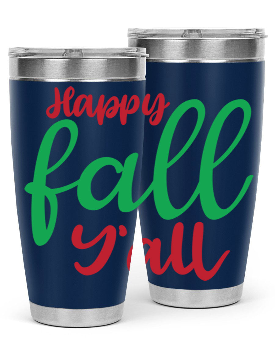 Happy Fall Y'all 20oz tumbler featuring a festive fall design, made from stainless steel with a copper lining.
