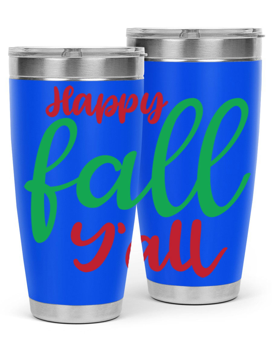 Happy Fall Y'all 20oz tumbler featuring a festive fall design, made from stainless steel with a copper lining.