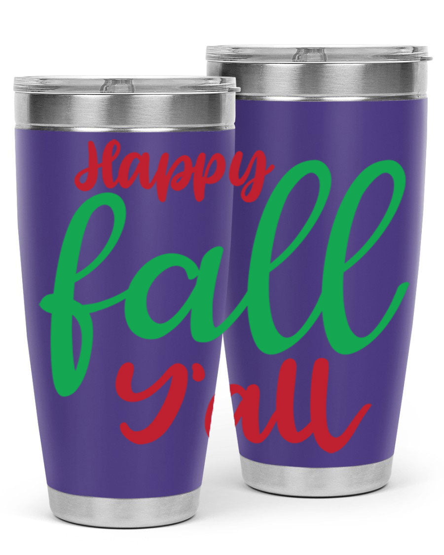 Happy Fall Y'all 20oz tumbler featuring a festive fall design, made from stainless steel with a copper lining.